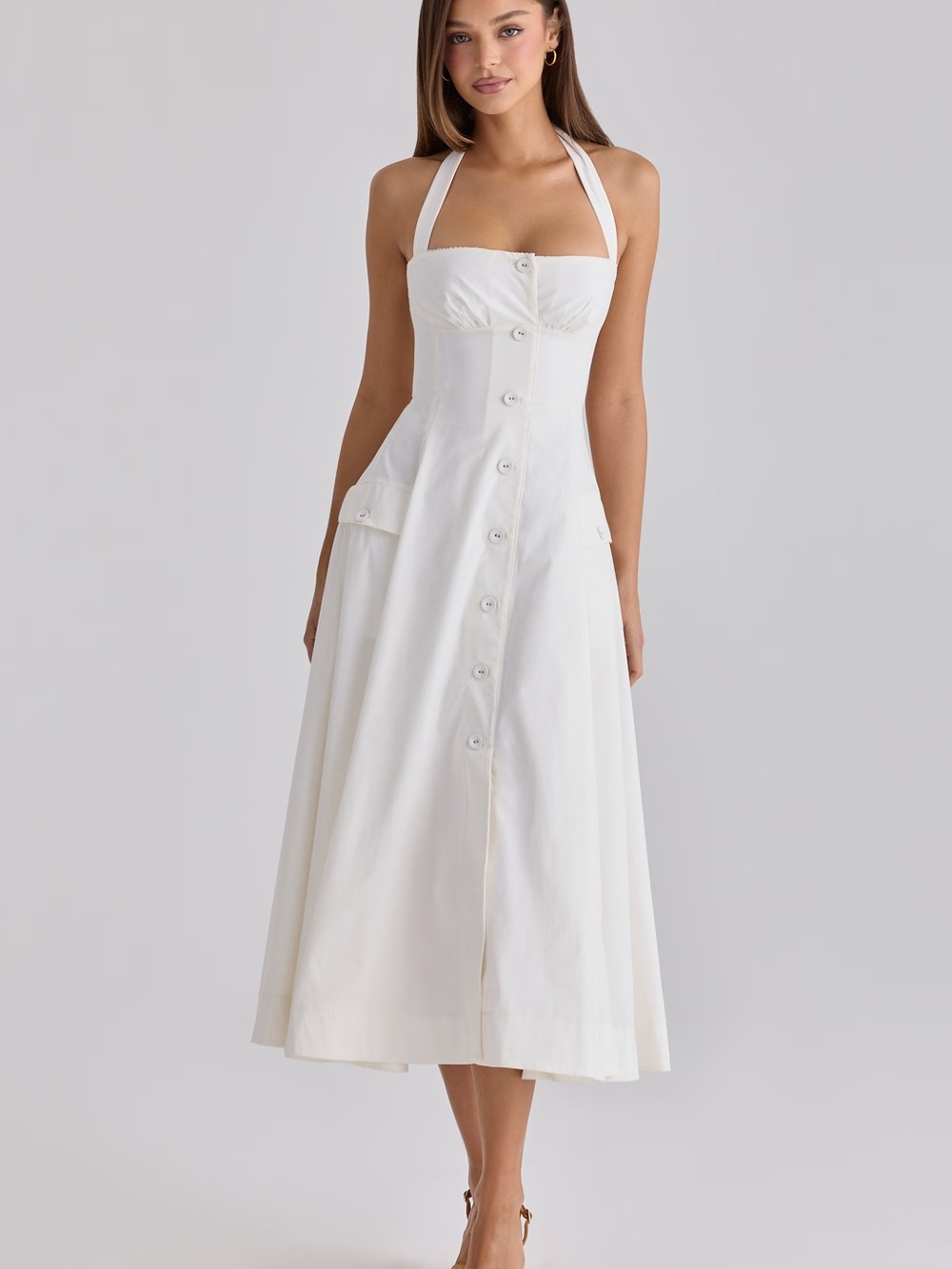 NEW House of CB White Cotton Halter Neck Midi Dress